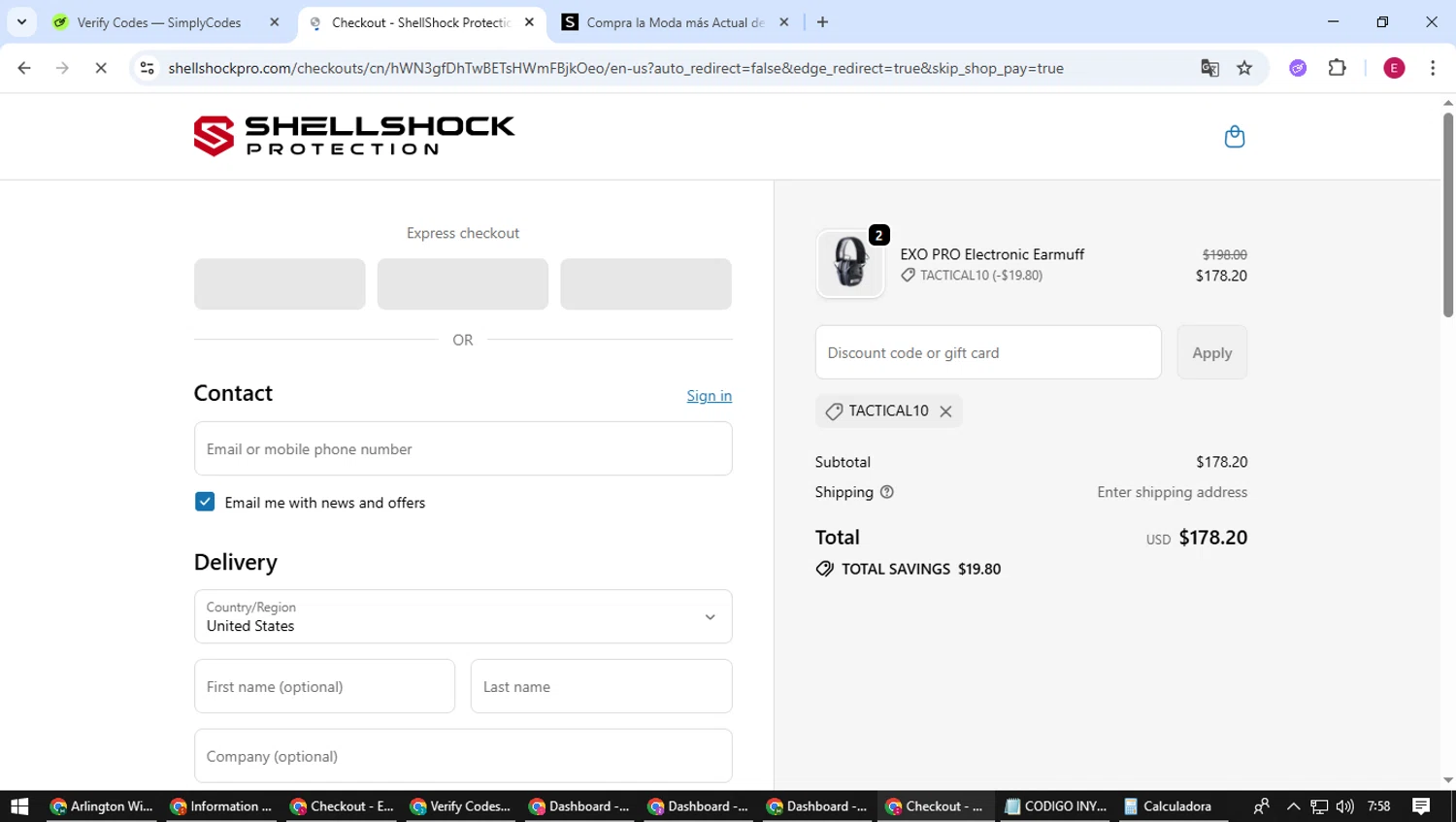 ShellShock Protection promo code screenshot showing code TACTICAL10 applied at ShellShock Protection checkout page. Uploaded by SimplyCodes community member BrilliantWhiz4434 on Oct 3, 2025