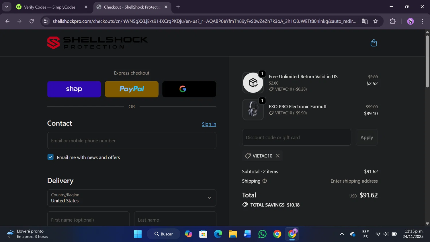 ShellShock Protection promo code screenshot showing code VIETAC10 applied at ShellShock Protection checkout page. Uploaded by SimplyCodes community member SavingsMaven1223 on Nov 25, 2025