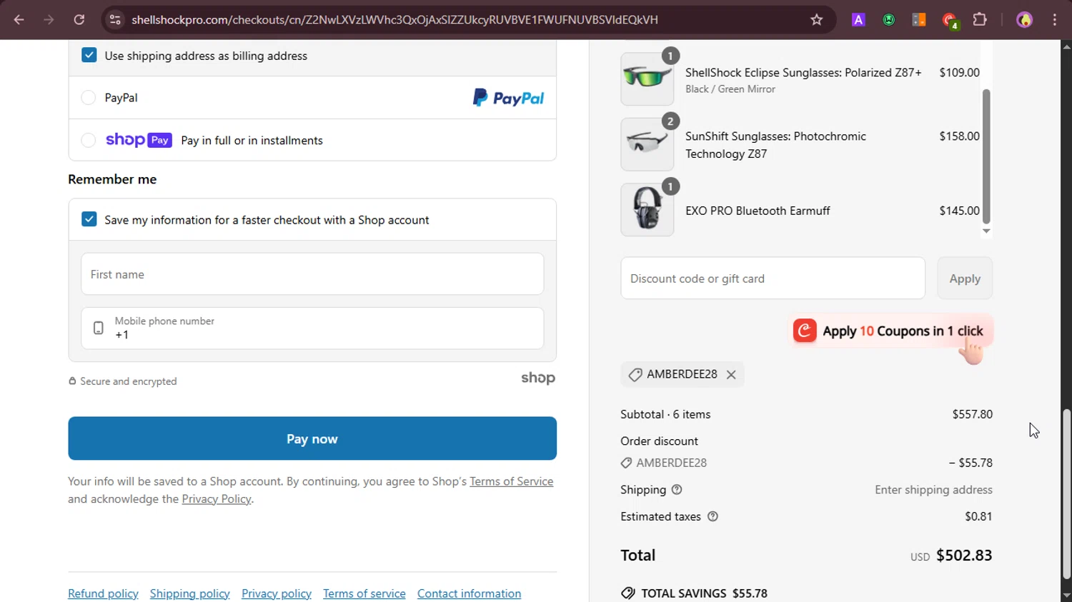 ShellShock Protection promo code screenshot showing code AMBERDEE28 applied at ShellShock Protection checkout page. Uploaded by SimplyCodes community member LOVECOUPON on May 23, 2025