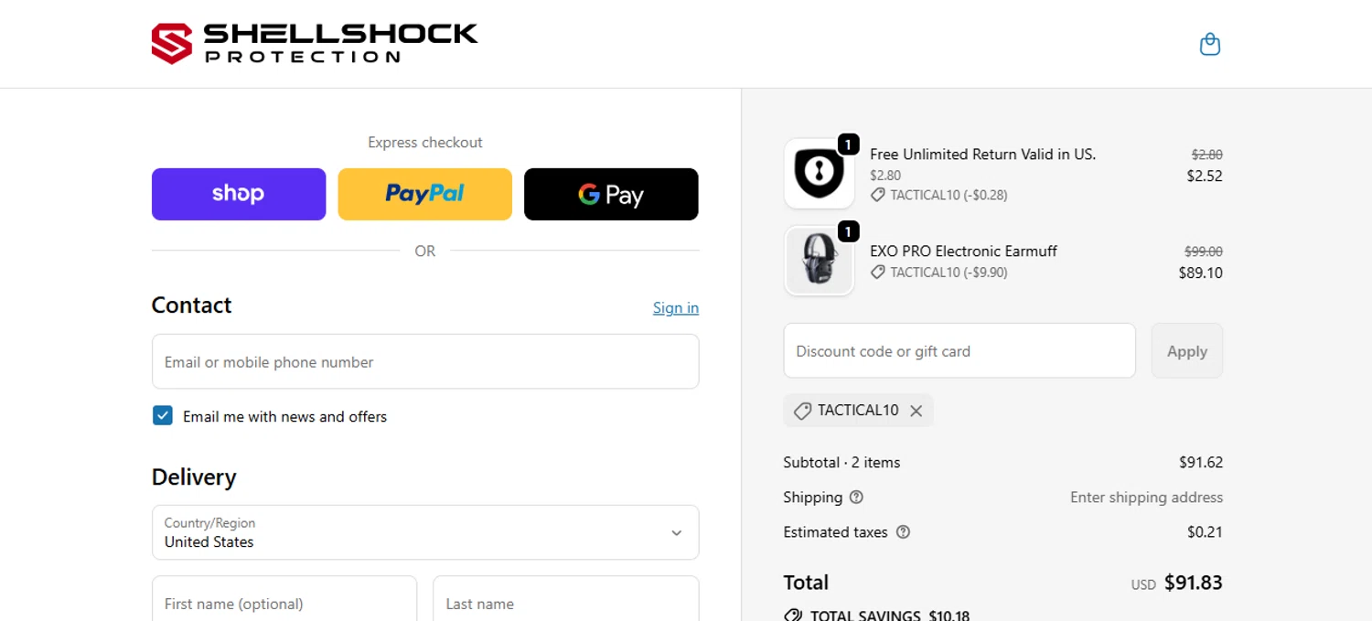 ShellShock Protection promo code screenshot showing code TACTICAL10 applied at ShellShock Protection checkout page. Uploaded by SimplyCodes community member ashe1986 on Sep 24, 2025