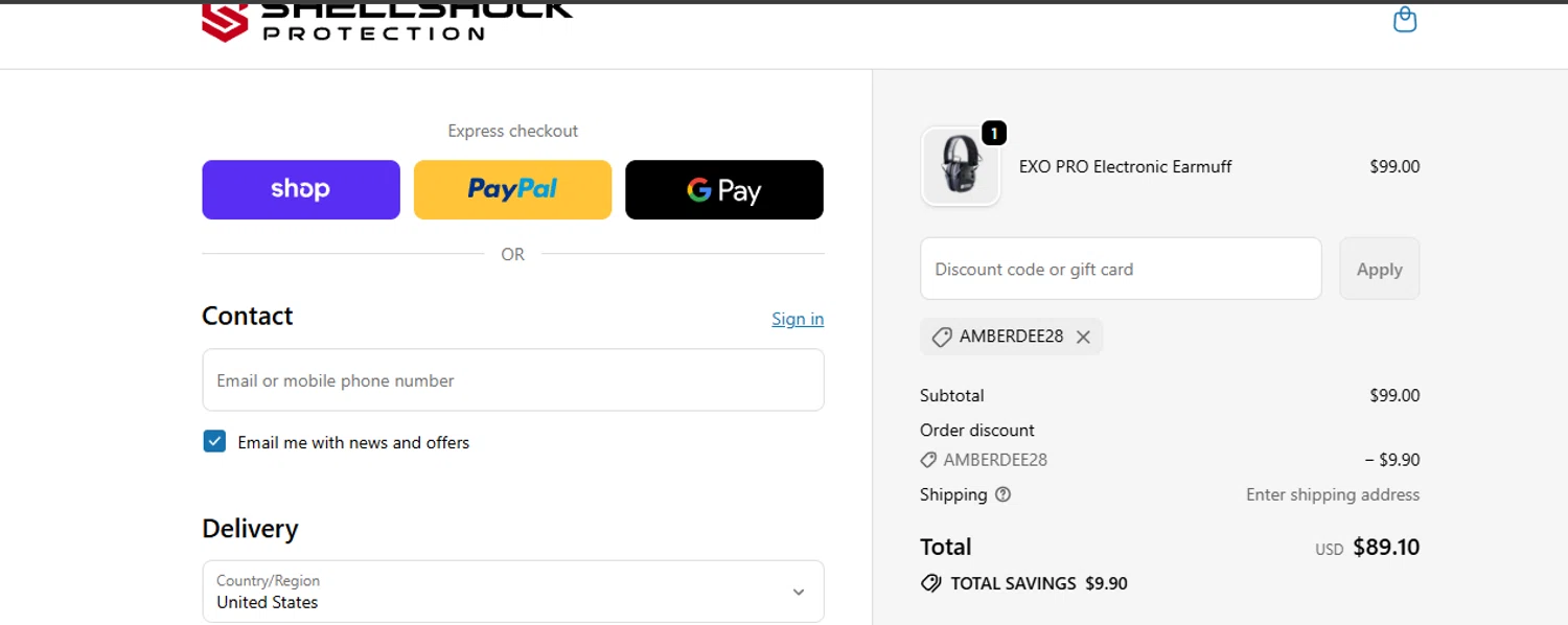 ShellShock Protection promo code screenshot showing code AMBERDEE28 applied at ShellShock Protection checkout page. Uploaded by SimplyCodes community member ashe1986 on Nov 18, 2025