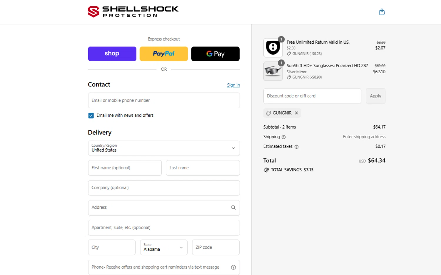 ShellShock Protection promo code screenshot showing code GUNGNIR applied at ShellShock Protection checkout page. Uploaded by SimplyCodes community member ylenisjordan on Sep 17, 2025