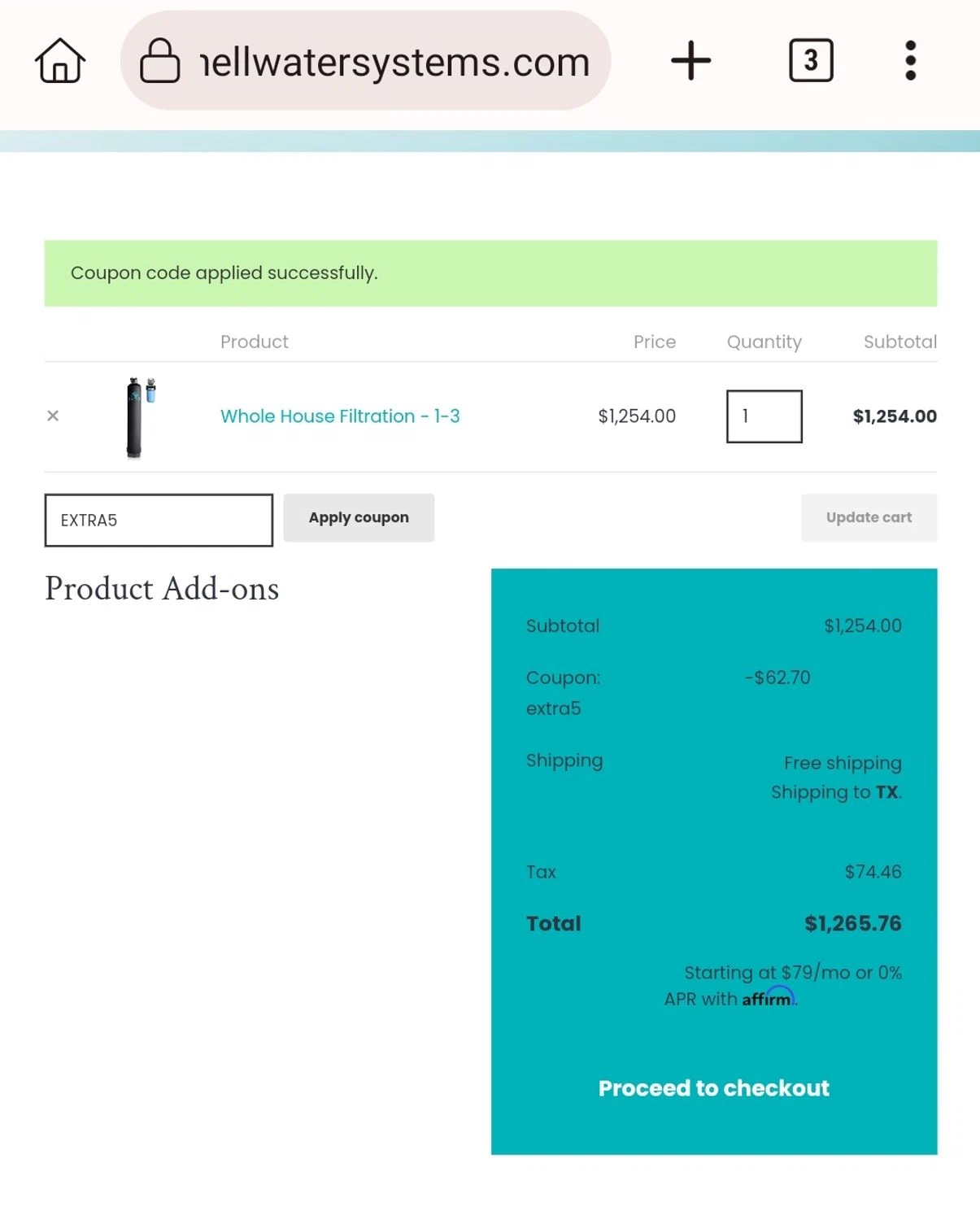 Shell Water Systems promo code screenshot showing code EXTRA5 applied at Shell Water Systems checkout page. Uploaded by SimplyCodes community member JuanMonge on Apr 29, 2025