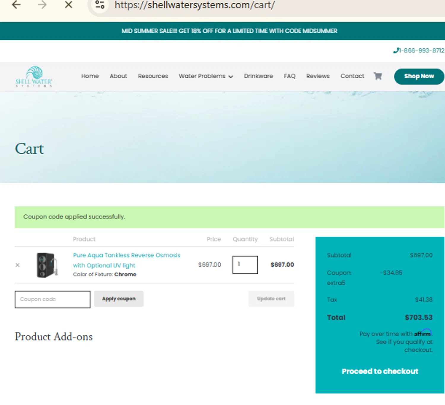 Shell Water Systems promo code screenshot showing code EXTRA5 applied at Shell Water Systems checkout page. Uploaded by SimplyCodes community member RewardFinder4836 on Jul 21, 2025