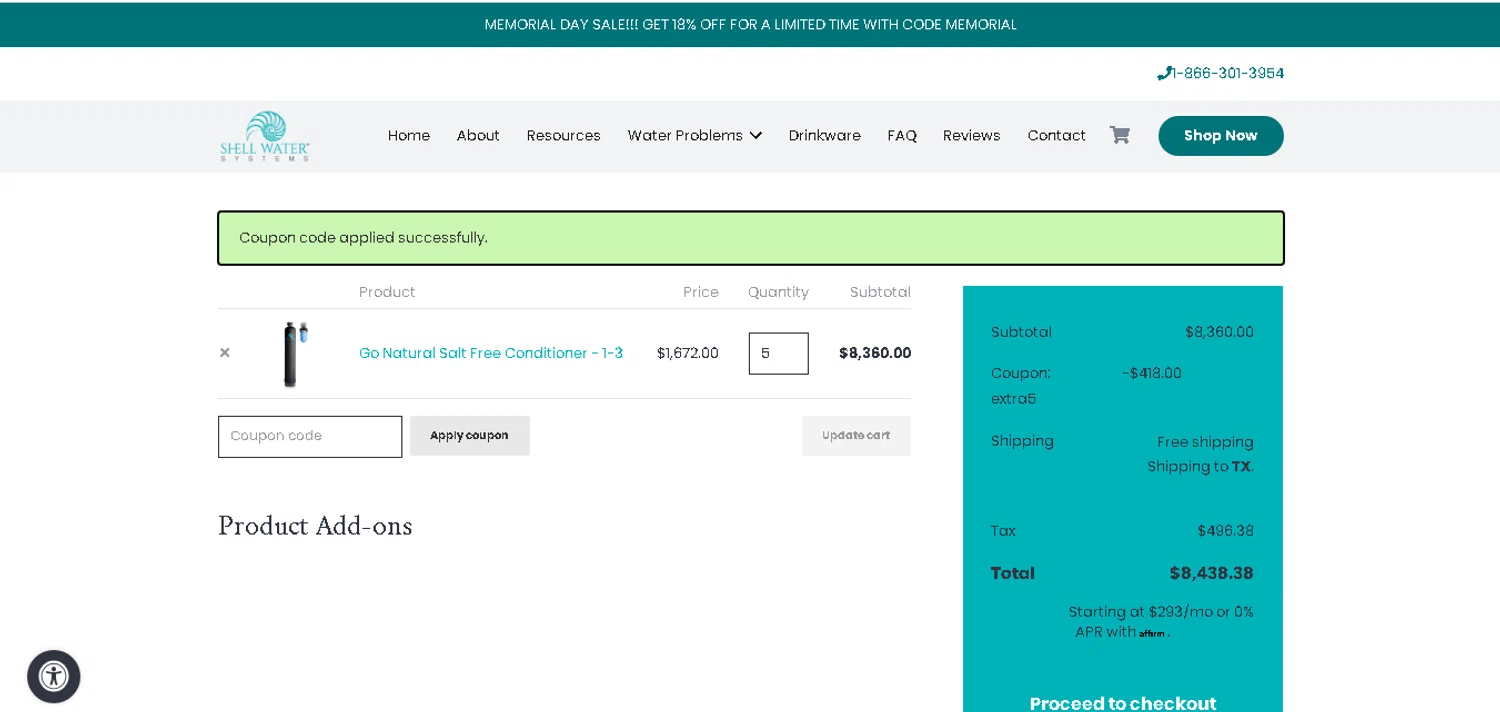Shell Water Systems promo code screenshot showing code EXTRA5 applied at Shell Water Systems checkout page. Uploaded by SimplyCodes community member xHRxUltrax on May 24, 2025