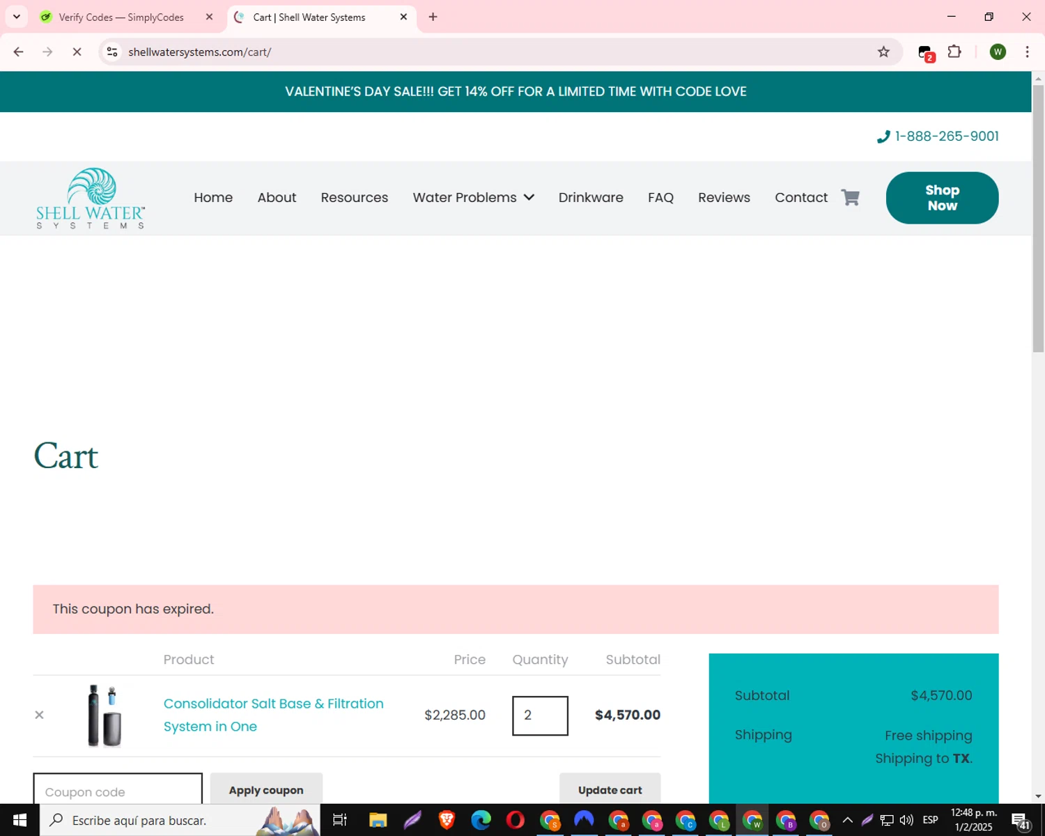 Shell Water Systems promo code screenshot showing code NEWYEAR applied at Shell Water Systems checkout page. Uploaded by SimplyCodes community member RoyalHawk3973 on Feb 1, 2025