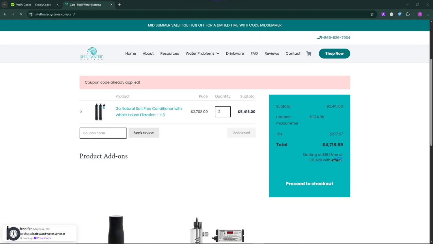 Shell Water Systems checkout page showing Shell Water Systems promo code box | Screenshot taken by SimplyCodes community member on Jul 30, 2025