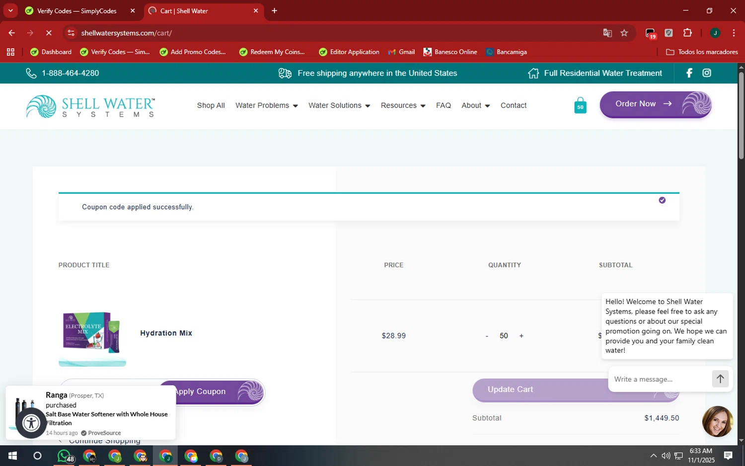 Shell Water Systems checkout page showing Shell Water Systems promo code box | Screenshot taken by SimplyCodes community member on Nov 1, 2025