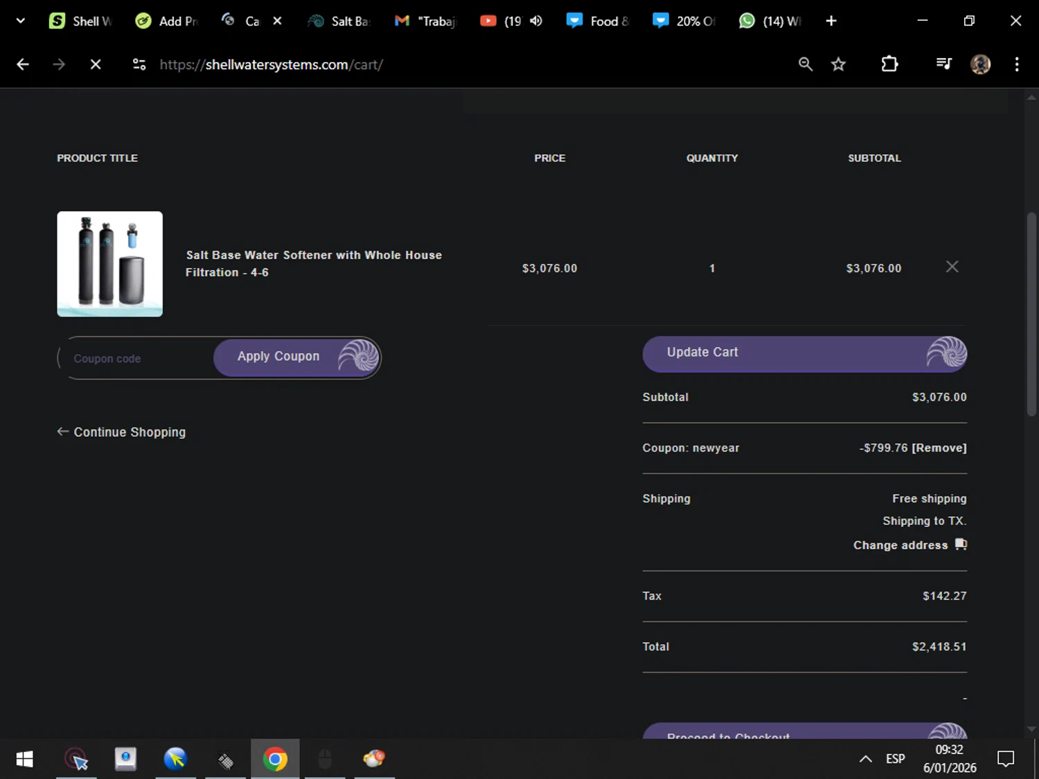 Shell Water Systems promo code screenshot showing code NEWYEAR applied at Shell Water Systems checkout page. Uploaded by SimplyCodes community member MarcosAranguren on Jan 6, 2026