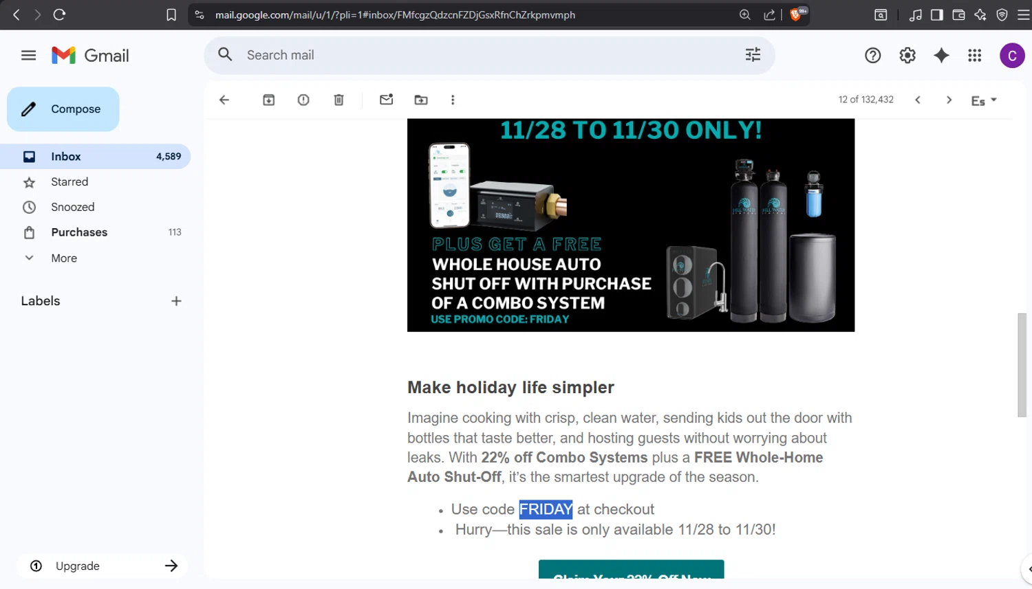 Shell Water Systems promo code screenshot showing code FRIDAY applied at Shell Water Systems checkout page. Uploaded by SimplyCodes community member crischidy25 on Nov 28, 2025