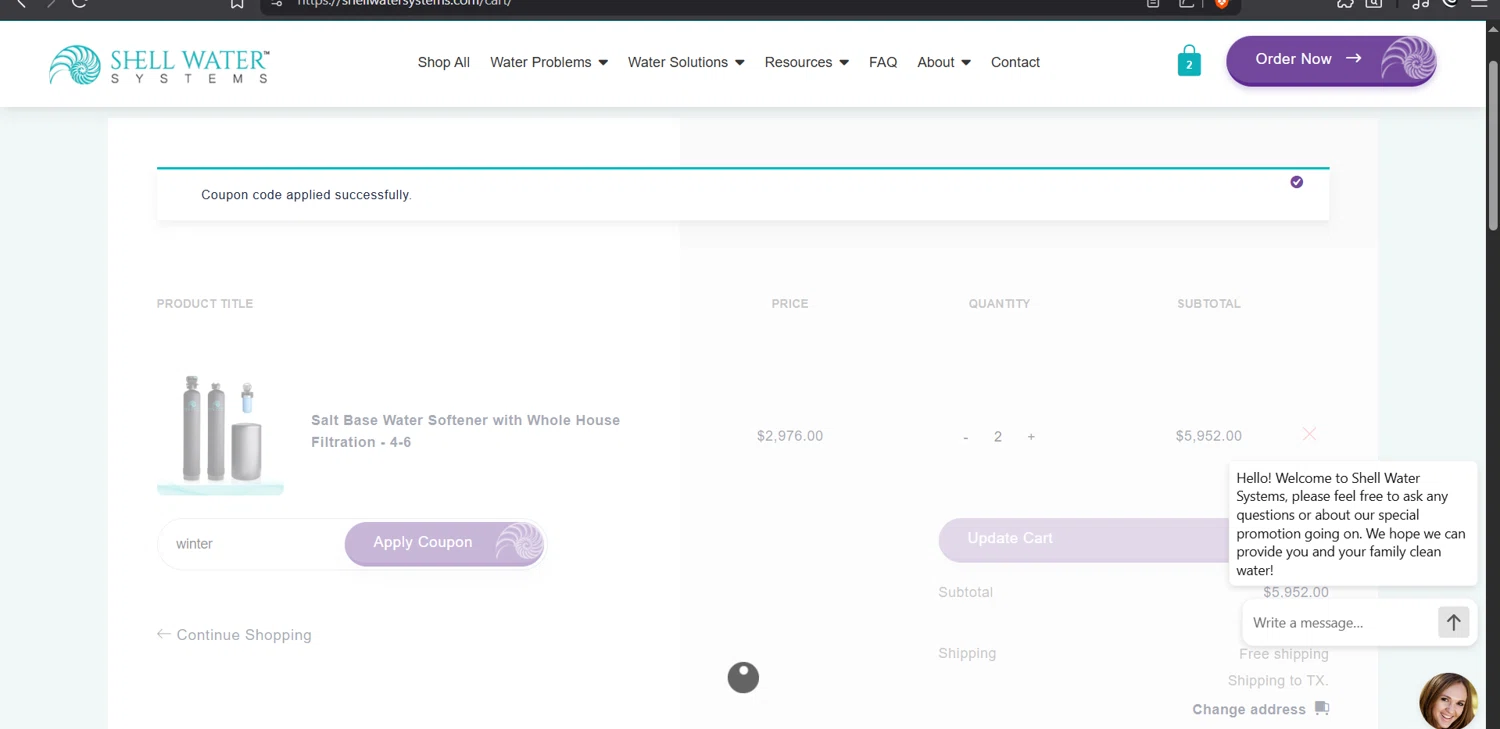 Shell Water Systems promo code screenshot showing code winter applied at Shell Water Systems checkout page. Uploaded by SimplyCodes community member juanvargas1 on Dec 2, 2025