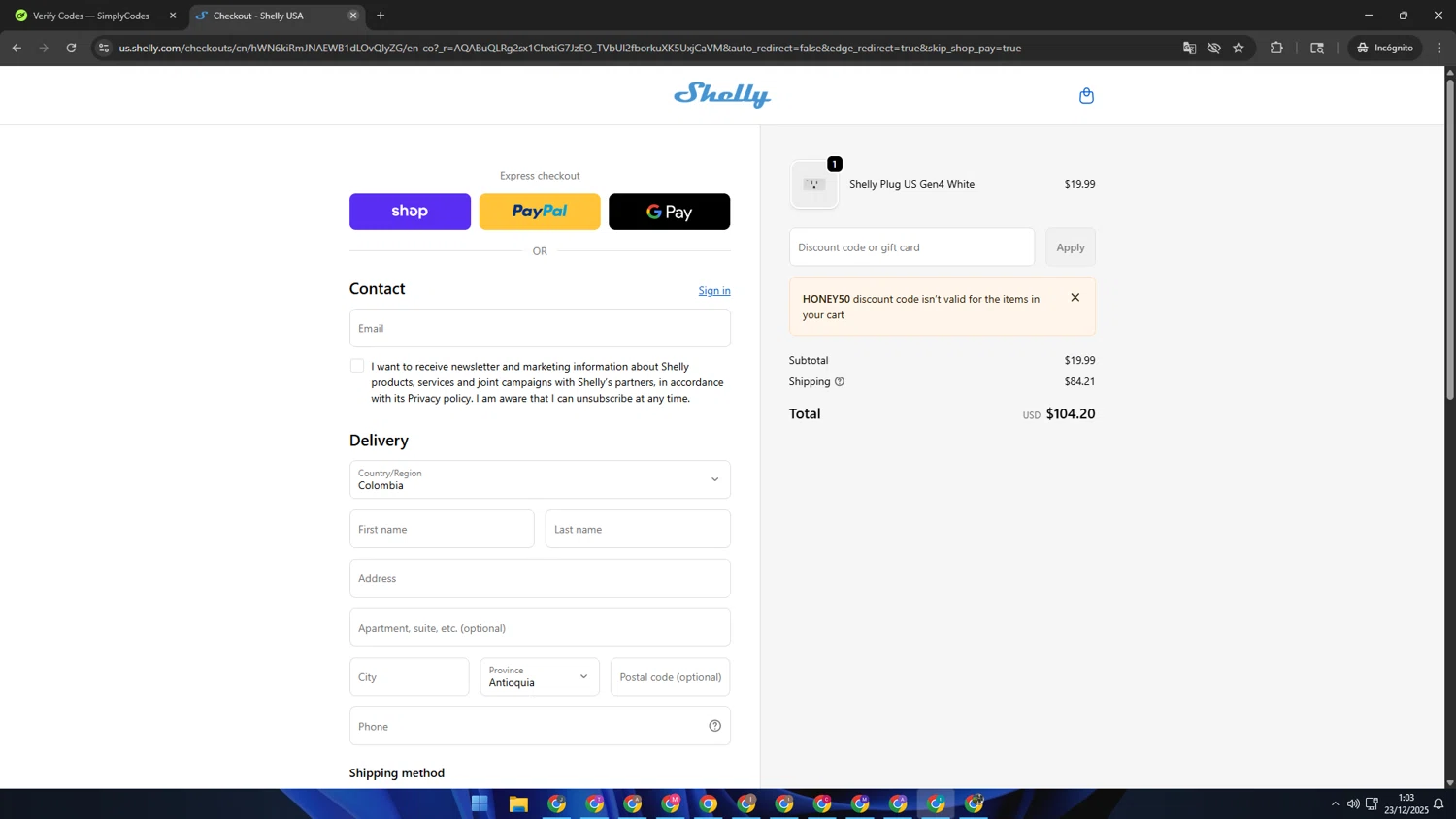 Shelly discount code screenshot showing code HONEY50 applied at Shelly checkout page. Uploaded by SimplyCodes community member BrilliantGuardian2105 on Dec 23, 2025