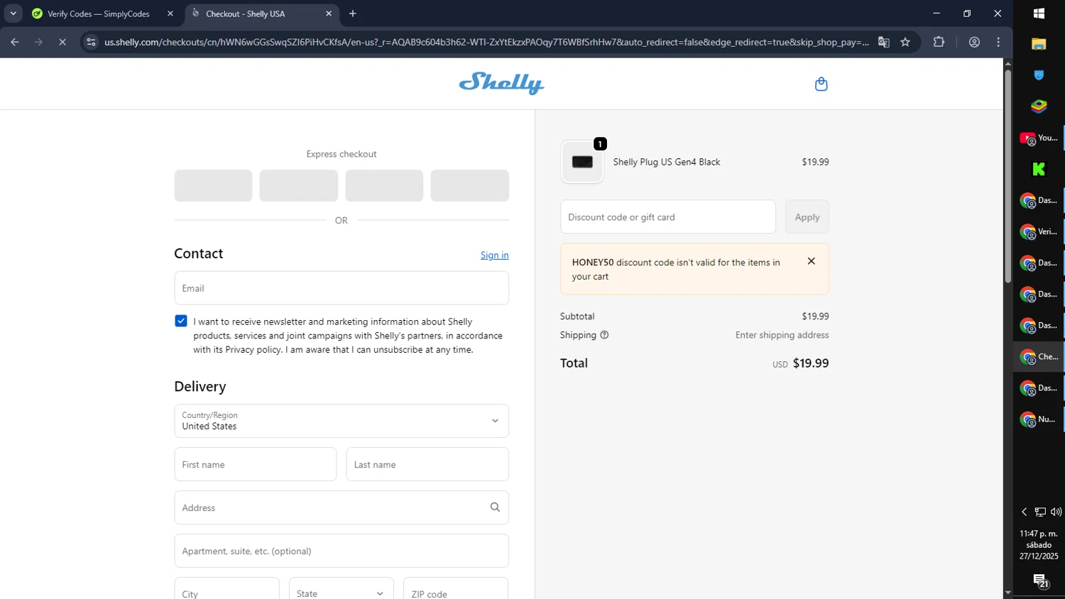 Shelly discount code screenshot showing code HONEY50 applied at Shelly checkout page. Uploaded by SimplyCodes community member CouponGuardian8137 on Dec 28, 2025