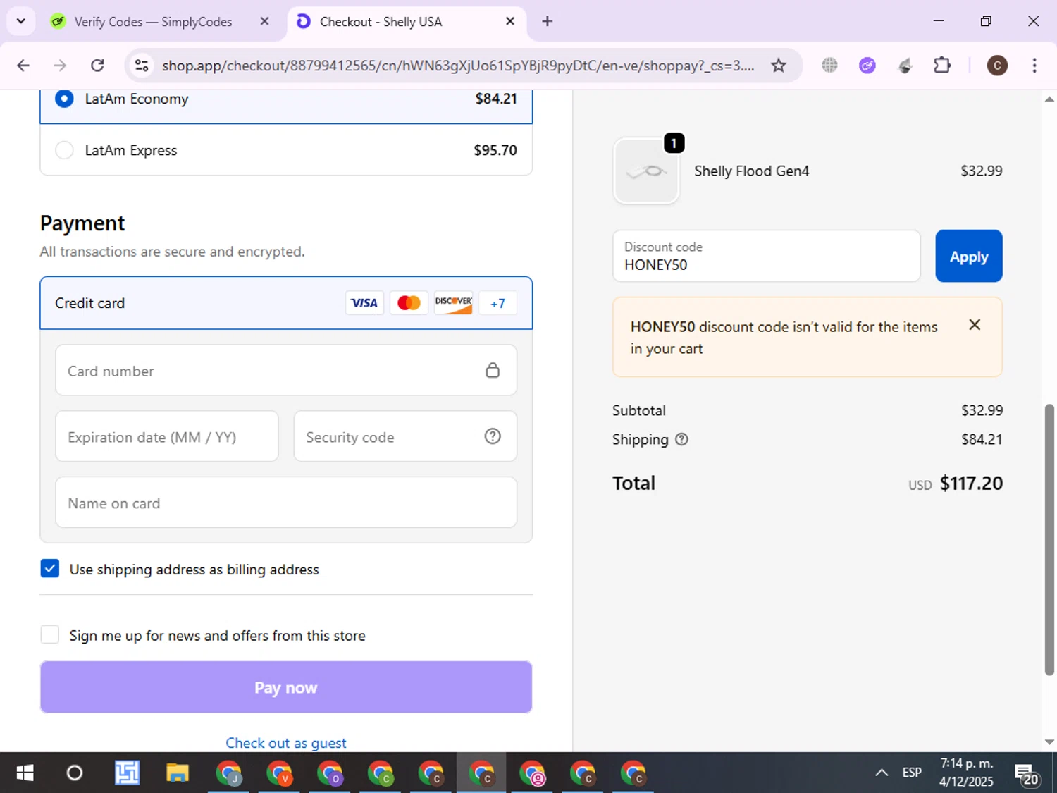Shelly discount code screenshot showing code HONEY50 applied at Shelly checkout page. Uploaded by SimplyCodes community member ExtraordinaryPro8536 on Dec 4, 2025