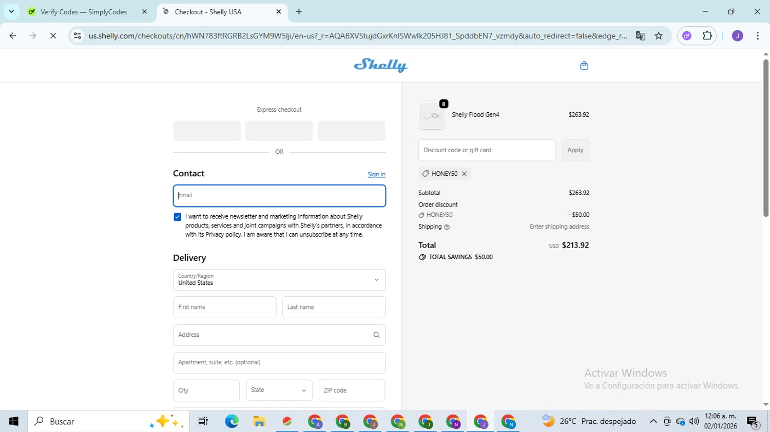 Shelly checkout page showing Shelly discount code box | Screenshot taken by SimplyCodes community member on Jan 2, 2026