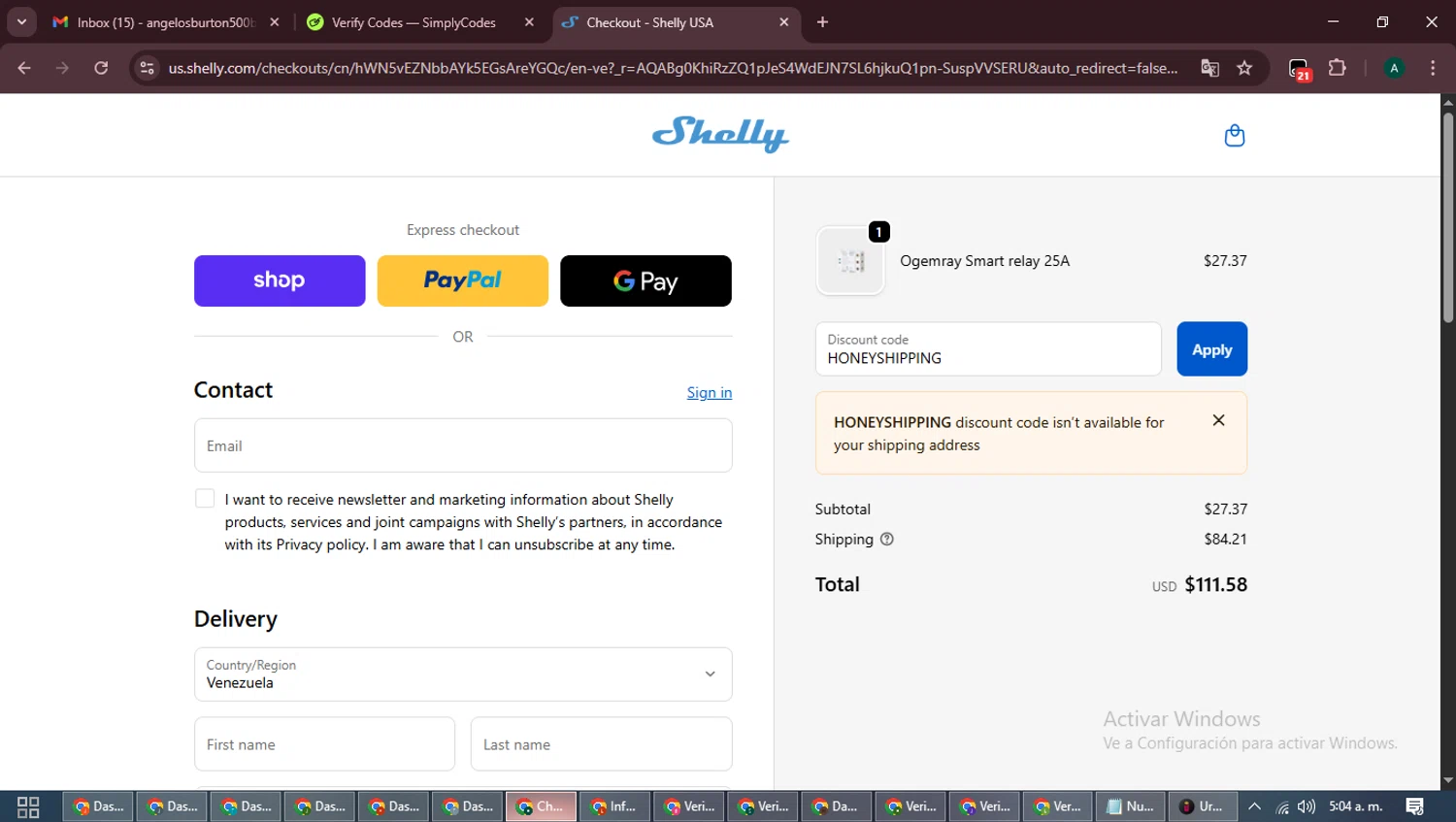 Shelly discount code screenshot showing code HONEYSHIPPING applied at Shelly checkout page. Uploaded by SimplyCodes community member LegendaryFalcon6699 on Dec 1, 2025