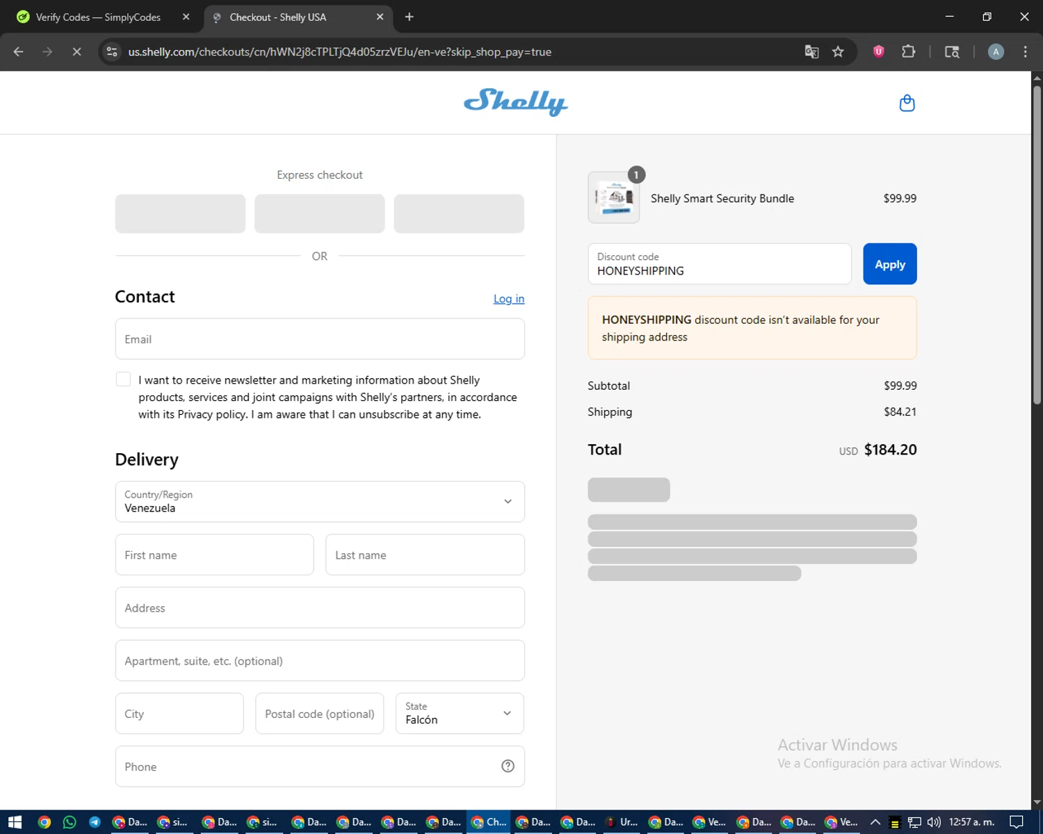 Shelly discount code screenshot showing code HONEYSHIPPING applied at Shelly checkout page. Uploaded by SimplyCodes community member trippieredd on Sep 8, 2025
