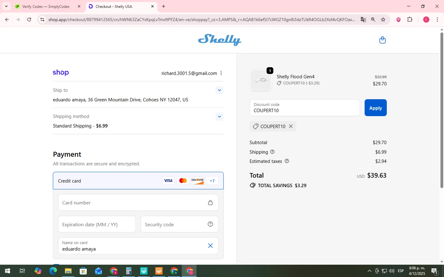 Shelly discount code screenshot showing code COUPERT10 applied at Shelly checkout page. Uploaded by SimplyCodes community member LegendaryWhiz3517 on Dec 4, 2025