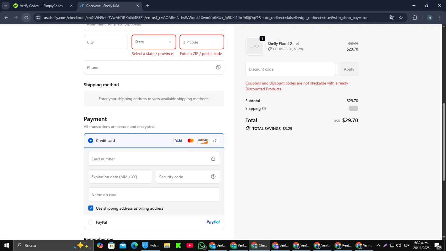 Shelly discount code screenshot showing code COUPERT10 applied at Shelly checkout page. Uploaded by SimplyCodes community member PromoScout8746 on Nov 24, 2025