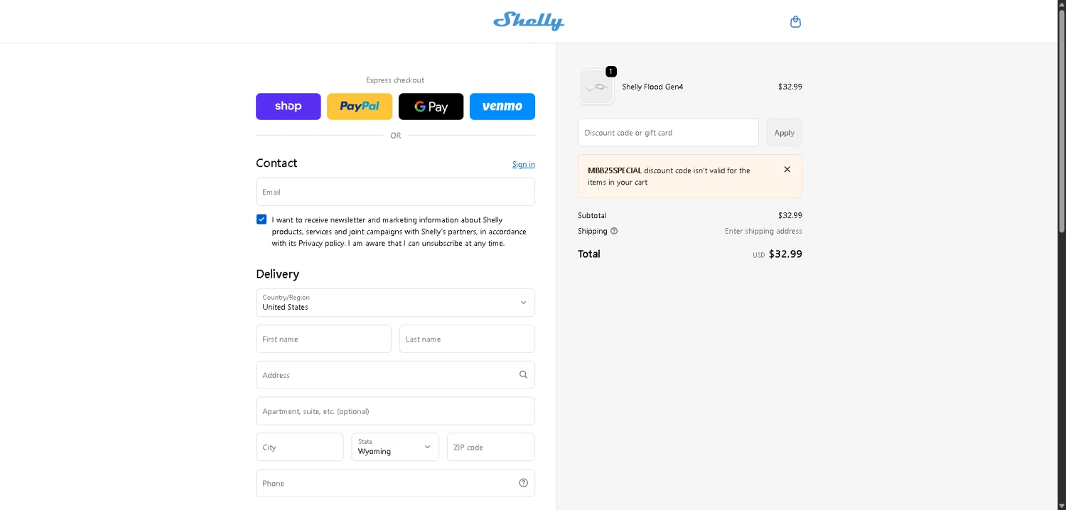 Shelly discount code screenshot showing code MBB25SPECIAL applied at Shelly checkout page. Uploaded by SimplyCodes community member DerekRoberson on Dec 28, 2025