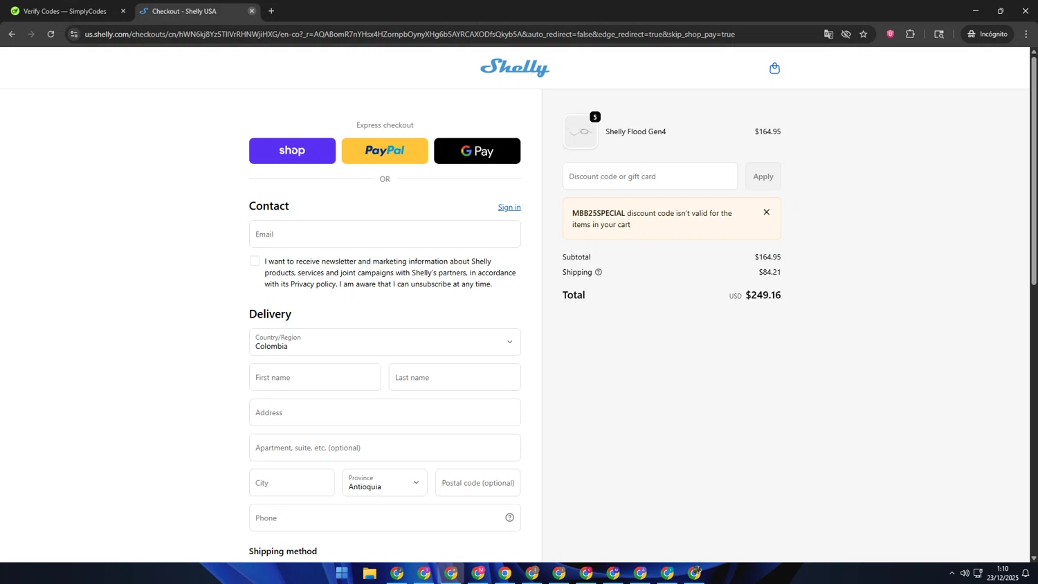 Shelly discount code screenshot showing code MBB25SPECIAL applied at Shelly checkout page. Uploaded by SimplyCodes community member SwiftSage2309 on Dec 23, 2025
