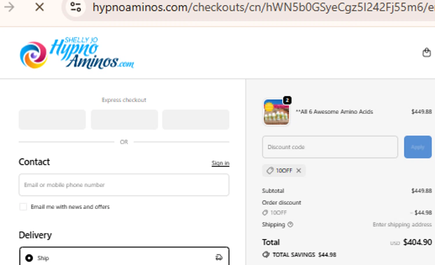 Shelly Jo Hypno Aminos promo code screenshot showing code 10OFF applied at Shelly Jo Hypno Aminos checkout page. Uploaded by SimplyCodes community member BudgetLion5814 on Nov 22, 2025