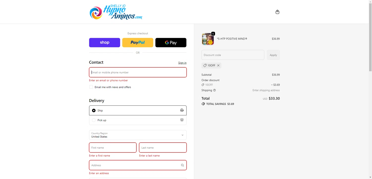 Shelly Jo Hypno Aminos promo code screenshot showing code 10OFF applied at Shelly Jo Hypno Aminos checkout page. Uploaded by SimplyCodes community member CleverHawk1744 on Nov 27, 2025