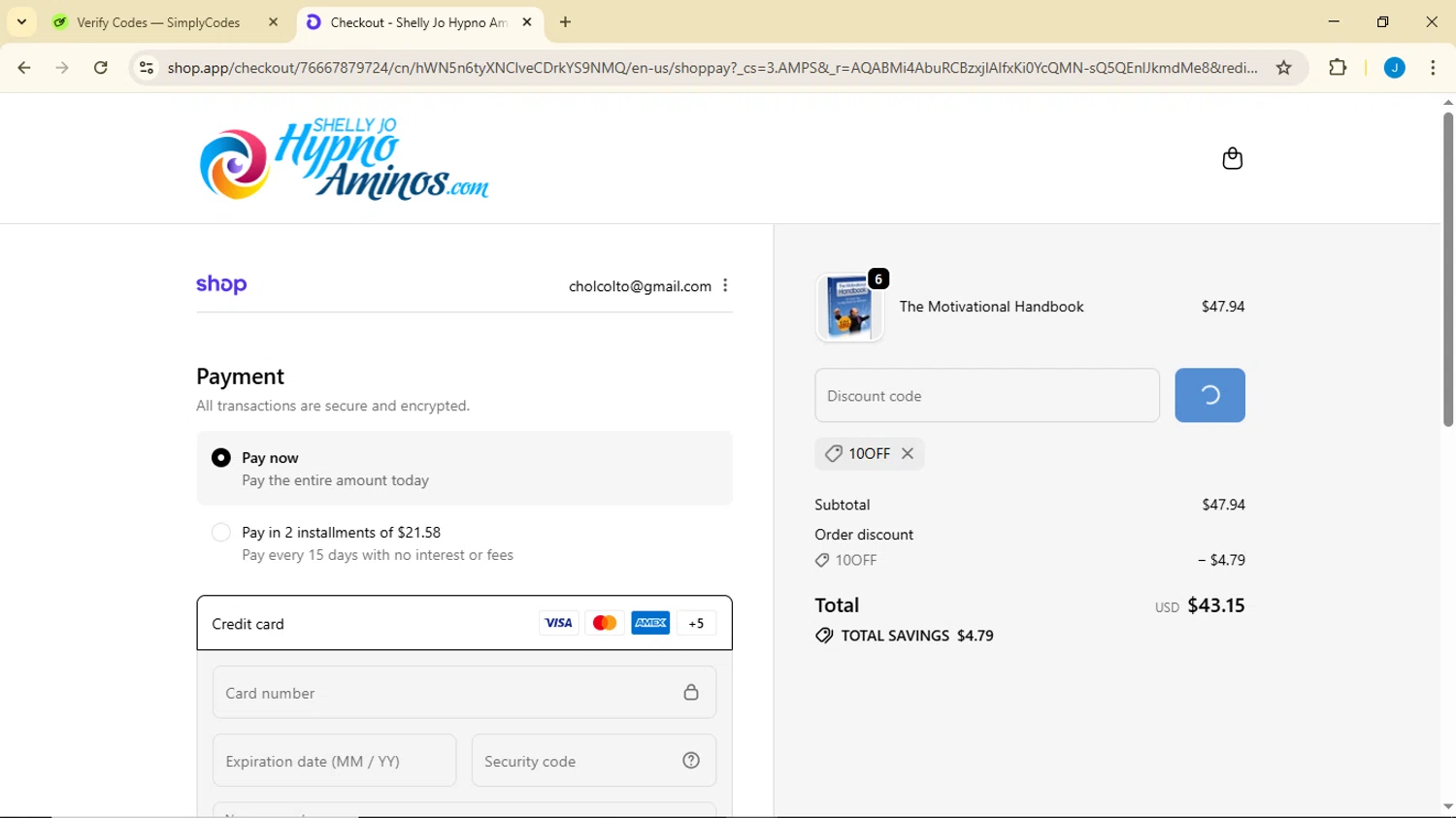 Shelly Jo Hypno Aminos promo code screenshot showing code 10OFF applied at Shelly Jo Hypno Aminos checkout page. Uploaded by SimplyCodes community member Luisitoxd12 on Nov 27, 2025