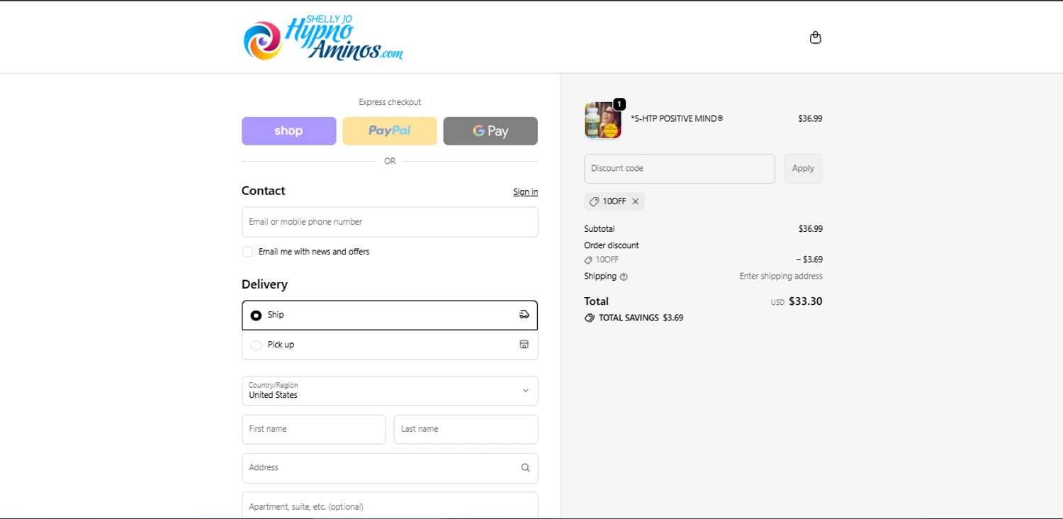 Shelly Jo Hypno Aminos checkout page showing Shelly Jo Hypno Aminos promo code box | Screenshot taken by SimplyCodes community member on Feb 7, 2026