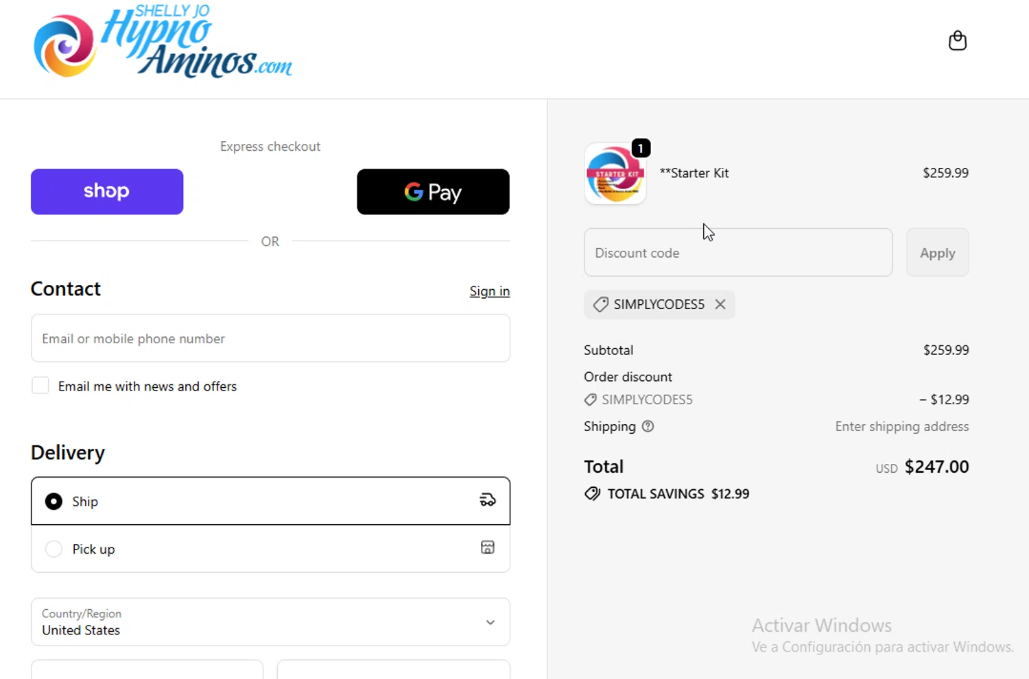 Shelly Jo Hypno Aminos promo code screenshot showing code SIMPLYCODES5 applied at Shelly Jo Hypno Aminos checkout page. Uploaded by SimplyCodes community member WonderW on Nov 17, 2025