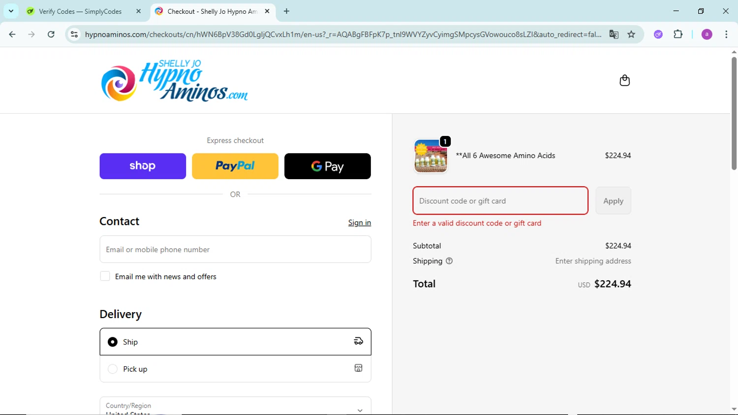 Shelly Jo Hypno Aminos promo code screenshot showing code BLACKFRIDAY20 applied at Shelly Jo Hypno Aminos checkout page. Uploaded by SimplyCodes community member PennyBoss9589 on Dec 8, 2025