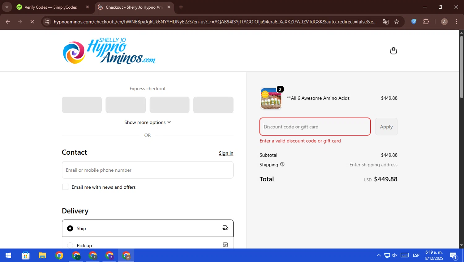 Shelly Jo Hypno Aminos promo code screenshot showing code BLACKFRIDAY20 applied at Shelly Jo Hypno Aminos checkout page. Uploaded by SimplyCodes community member ScanFalcon6148 on Dec 8, 2025