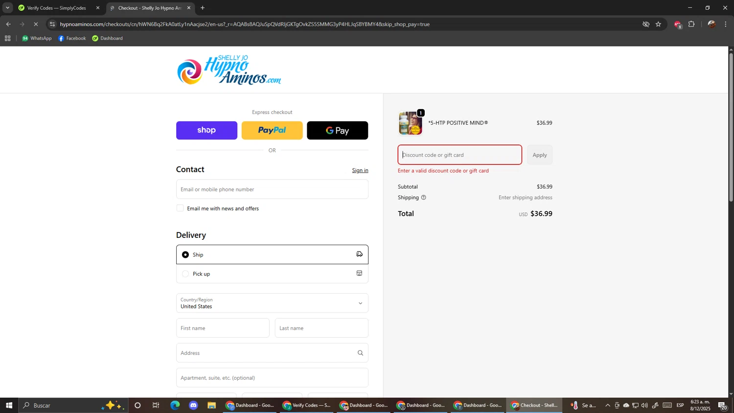 Shelly Jo Hypno Aminos promo code screenshot showing code BLACKFRIDAY100 applied at Shelly Jo Hypno Aminos checkout page. Uploaded by SimplyCodes community member ScanShopper554 on Dec 8, 2025