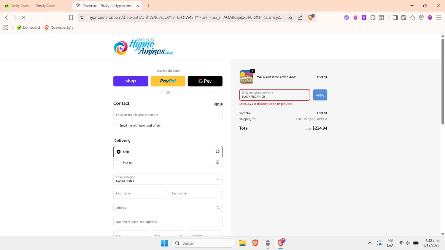 Shelly Jo Hypno Aminos promo code screenshot showing code BLACKFRIDAY100 applied at Shelly Jo Hypno Aminos checkout page. Uploaded by SimplyCodes community member TokenTitan4464 on Dec 8, 2025