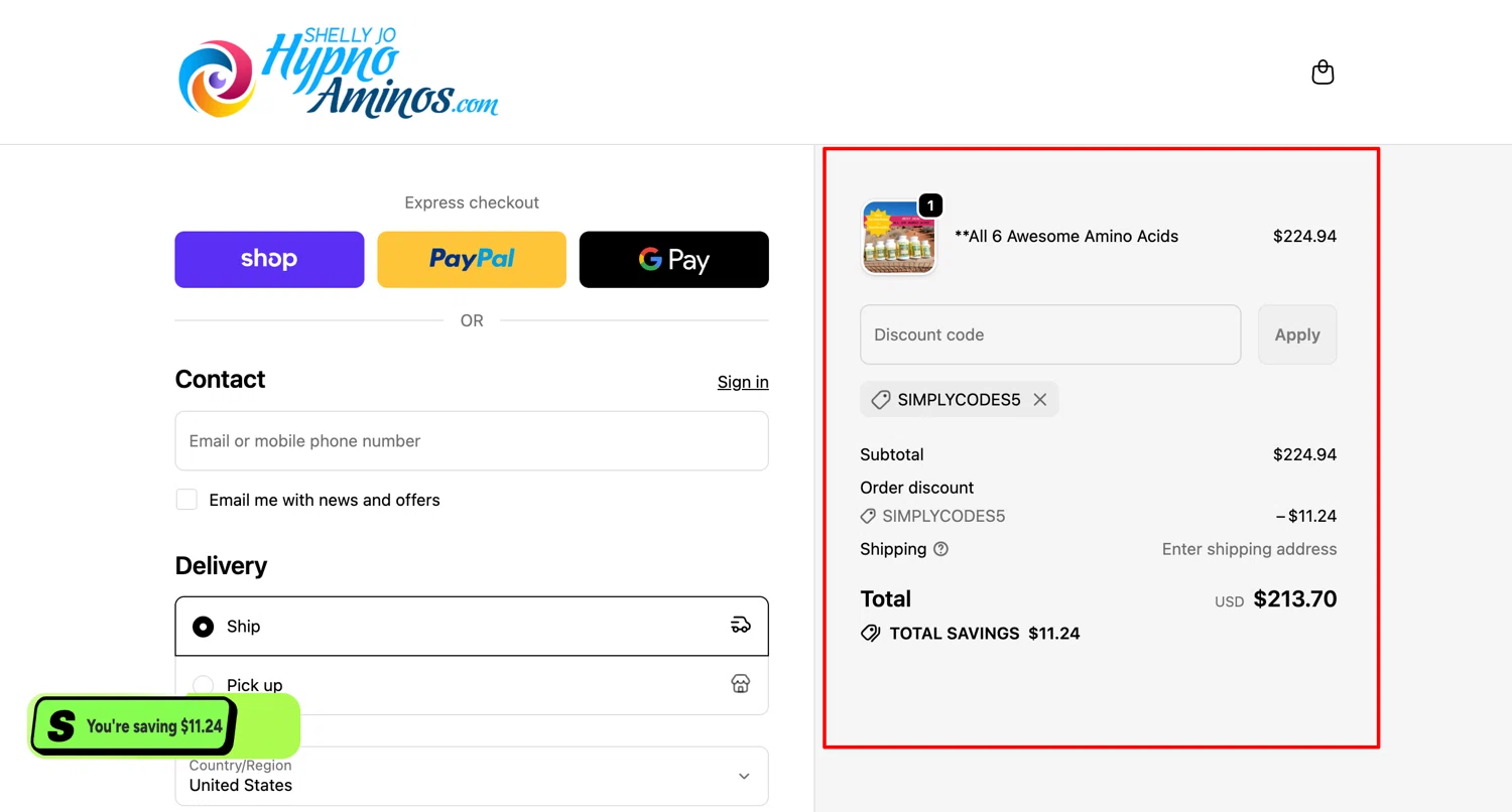 Shelly Jo Hypno Aminos promo code screenshot showing code SIMPLYCODES5 applied at Shelly Jo Hypno Aminos checkout page. Uploaded by SimplyCodes community member mariaclemenseagbon_3 on Oct 2, 2025