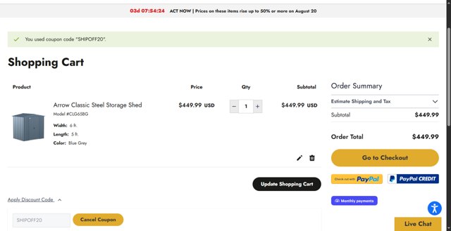 ShelterLogic checkout page showing ShelterLogic discount code box | Screenshot taken by SimplyCodes community member on Aug 16, 2025