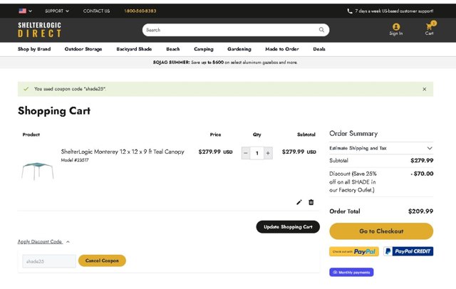 ShelterLogic checkout page showing ShelterLogic discount code box | Screenshot taken by SimplyCodes community member on Jul 29, 2025