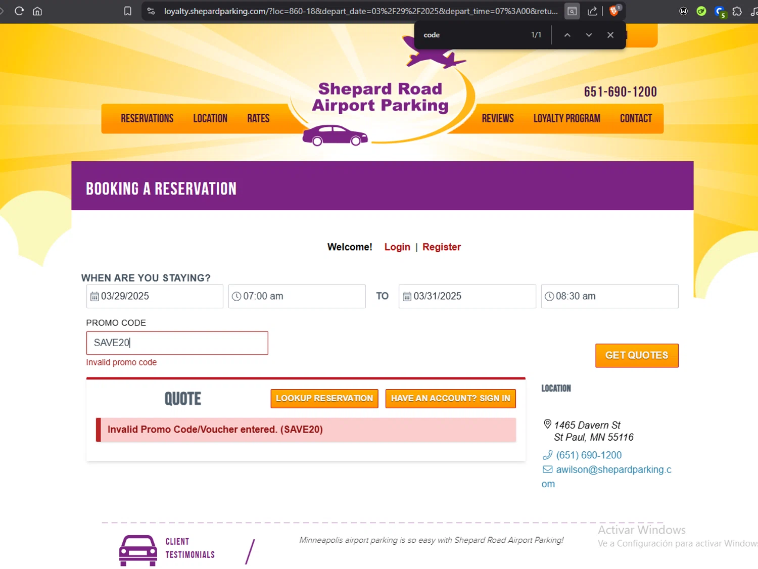 Shepard Road Airport Parking promo code screenshot showing code SAVE20 applied at Shepard Road Airport Parking checkout page. Uploaded by SimplyCodes community member Jmhernand1 on Mar 21, 2025