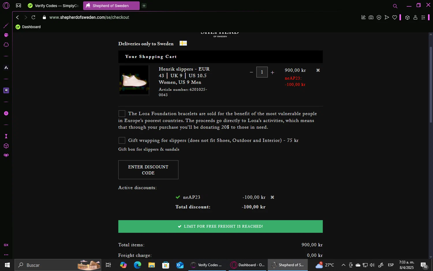 Shepherd of Sweden discount code screenshot showing code neAP23 applied at Shepherd of Sweden checkout page. Uploaded by SimplyCodes community member GoldHawk6293 on Apr 8, 2025