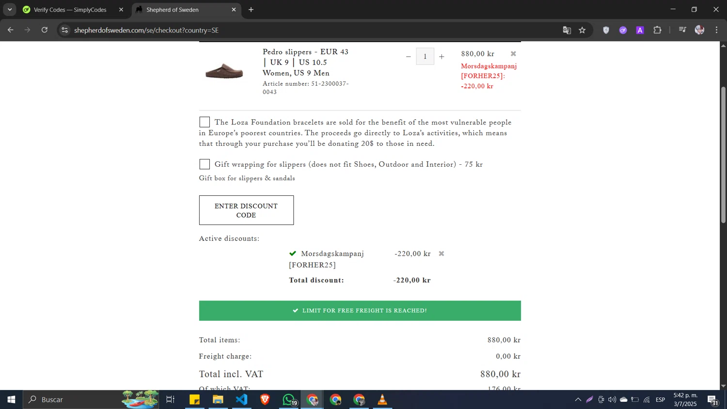 Shepherd of Sweden checkout page showing Shepherd of Sweden discount code box | Screenshot taken by SimplyCodes community member on Jul 3, 2025