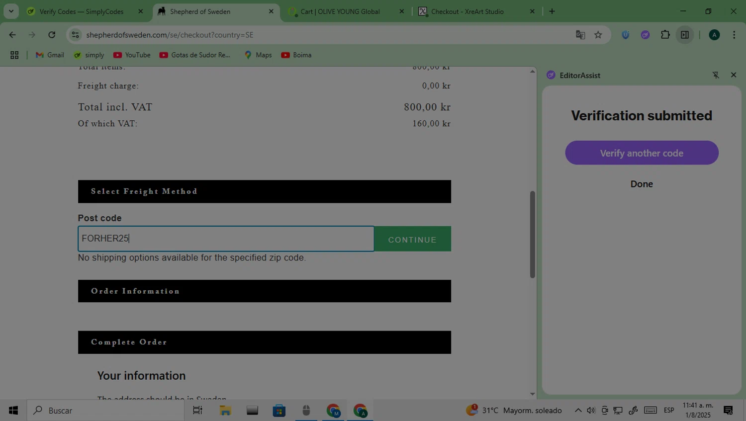 Shepherd of Sweden discount code screenshot showing code FORHER25 applied at Shepherd of Sweden checkout page. Uploaded by SimplyCodes community member Saturno on Aug 1, 2025