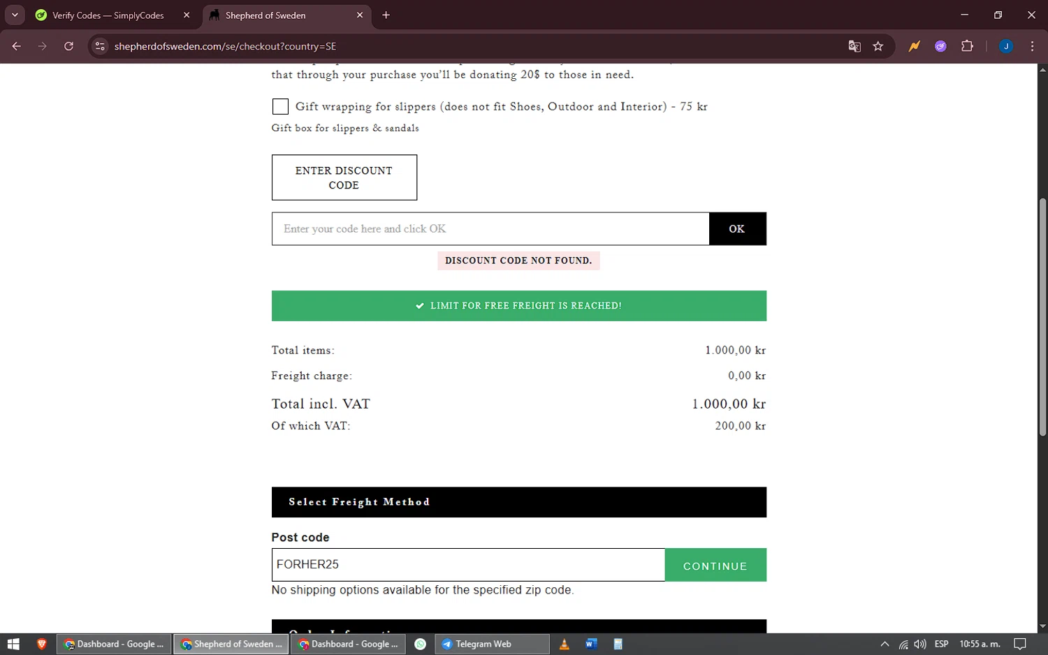 Shepherd of Sweden discount code screenshot showing code FORHER25 applied at Shepherd of Sweden checkout page. Uploaded by SimplyCodes community member oscarbeaujon on Aug 1, 2025