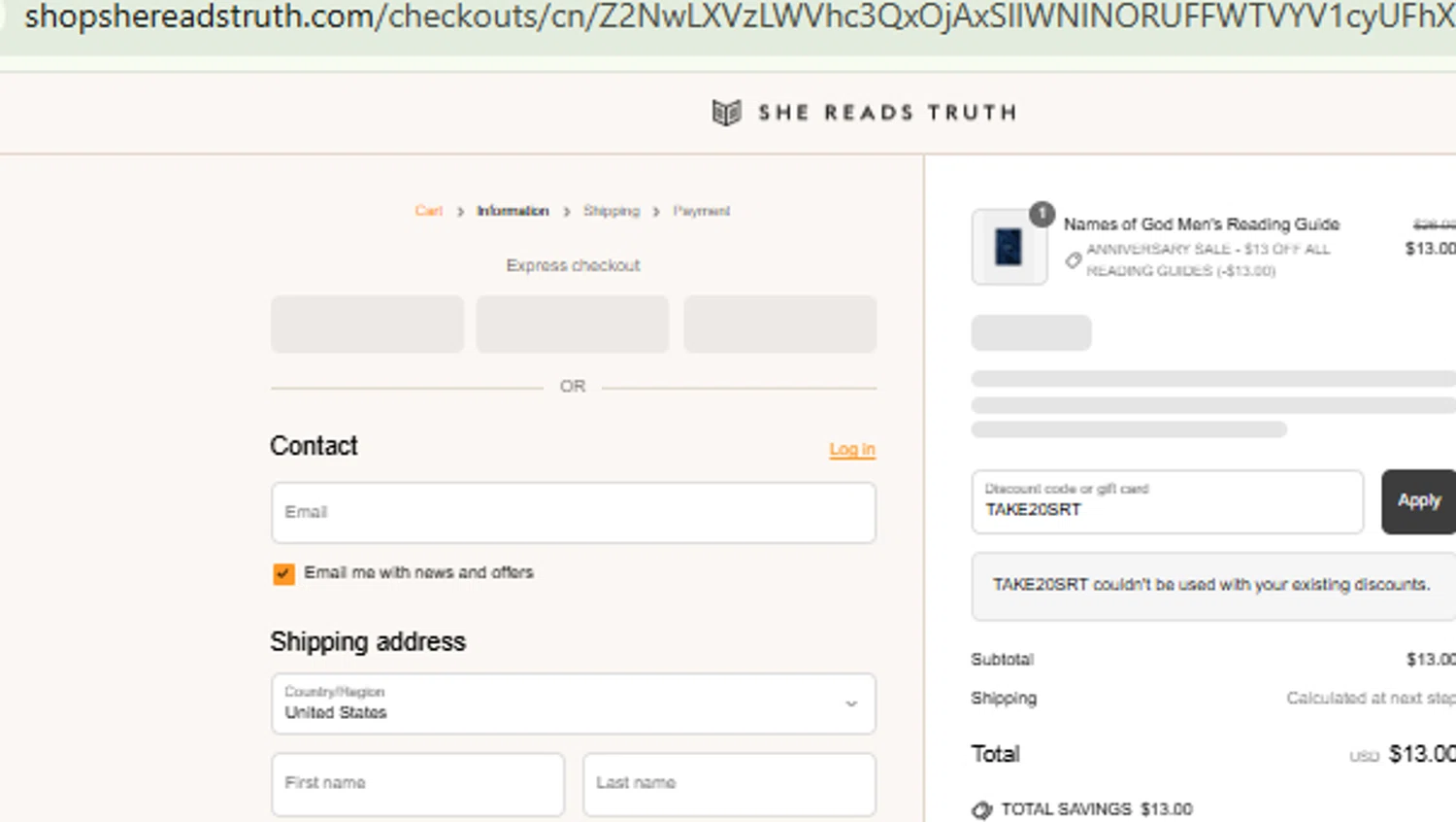 She Reads Truth discount code screenshot showing code TAKE20SRT applied at She Reads Truth checkout page. Uploaded by SimplyCodes community member CashMaestro9337 on Jun 28, 2025