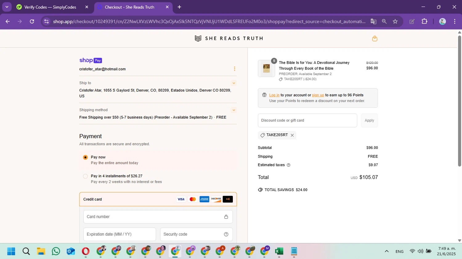 She Reads Truth discount code screenshot showing code TAKE20SRT applied at She Reads Truth checkout page. Uploaded by SimplyCodes community member Marielis on Jun 21, 2025