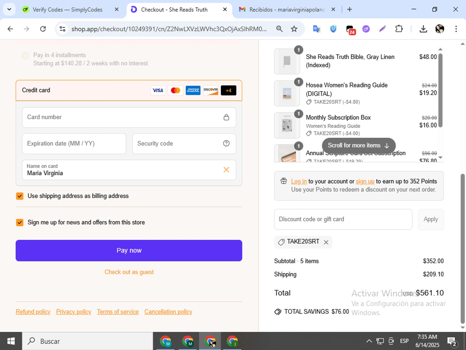 She Reads Truth discount code screenshot showing code TAKE20SRT applied at She Reads Truth checkout page. Uploaded by SimplyCodes community member mariapolancog on Jun 14, 2025