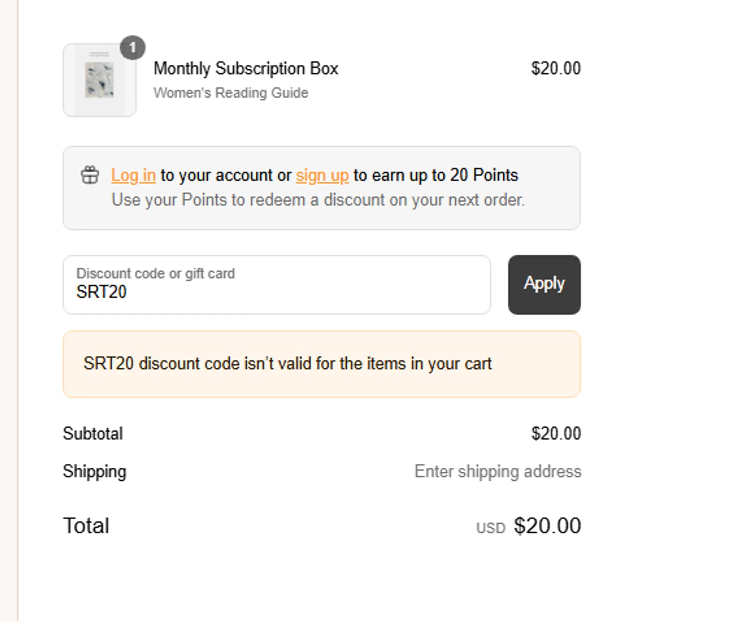 She Reads Truth discount code screenshot showing code SRT20 applied at She Reads Truth checkout page. Uploaded by SimplyCodes community member fghfgefds2 on Jun 7, 2025