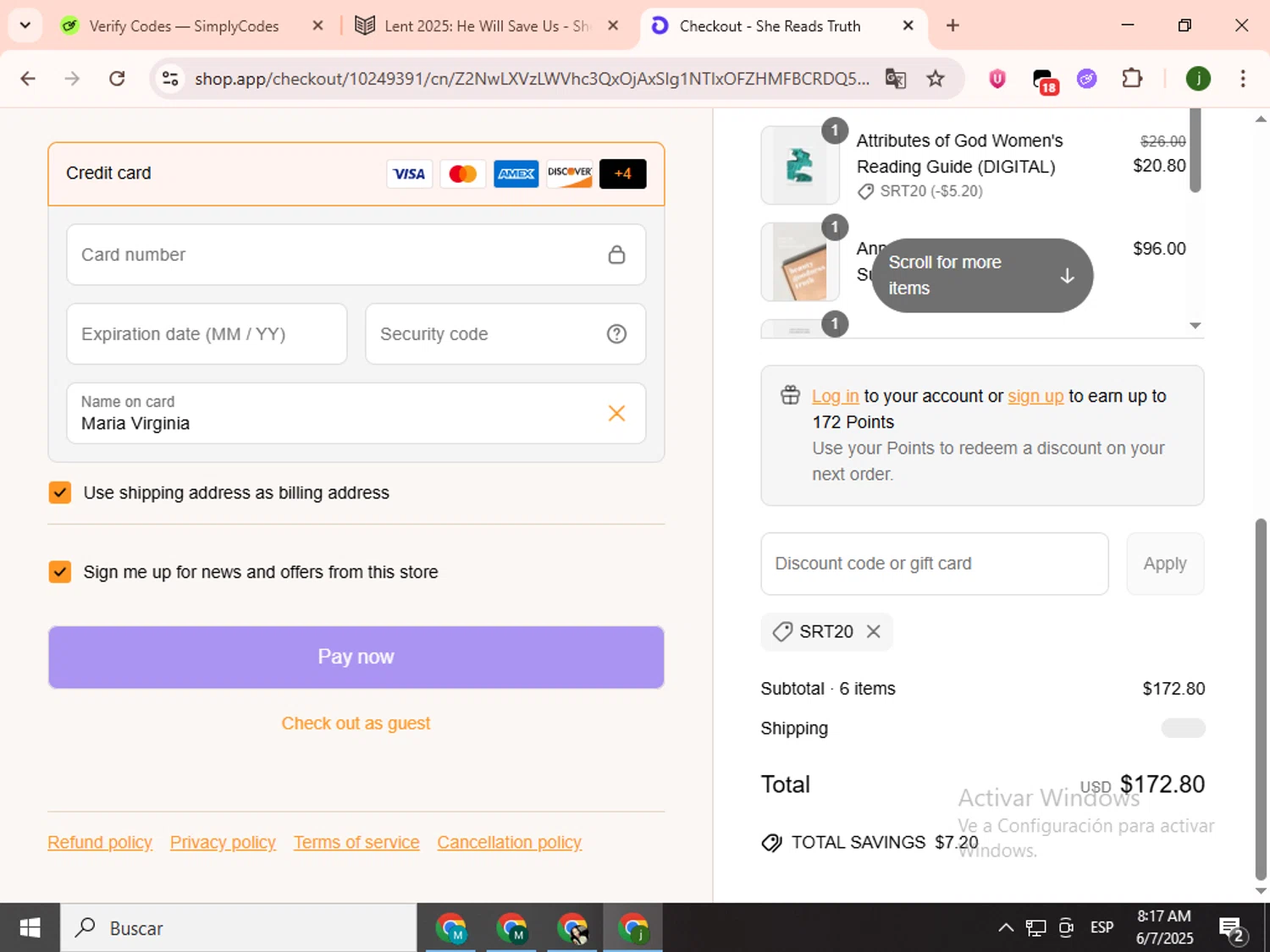 She Reads Truth discount code screenshot showing code SRT20 applied at She Reads Truth checkout page. Uploaded by SimplyCodes community member SavingsCollector2592 on Jun 7, 2025