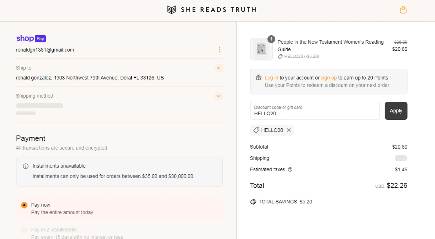 She Reads Truth discount code screenshot showing code HELLO20 applied at She Reads Truth checkout page. Uploaded by SimplyCodes community member Josecaste on Jun 21, 2025