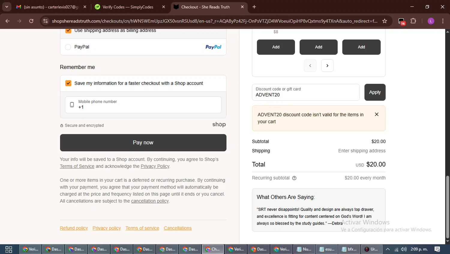 She Reads Truth checkout page showing She Reads Truth discount code box | Screenshot taken by SimplyCodes community member on Nov 20, 2025