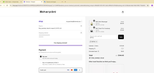 Sherpani checkout page showing Sherpani coupon code box | Screenshot taken by SimplyCodes community member on Sep 11, 2025
